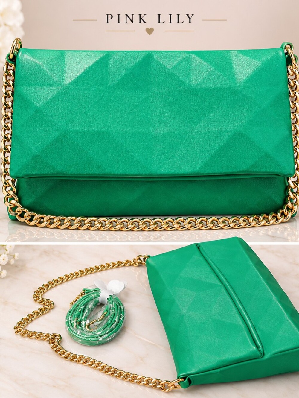 Pink Lily Emerald Green Geometric-Texture Chain Shoulder Clutch New Without Tags